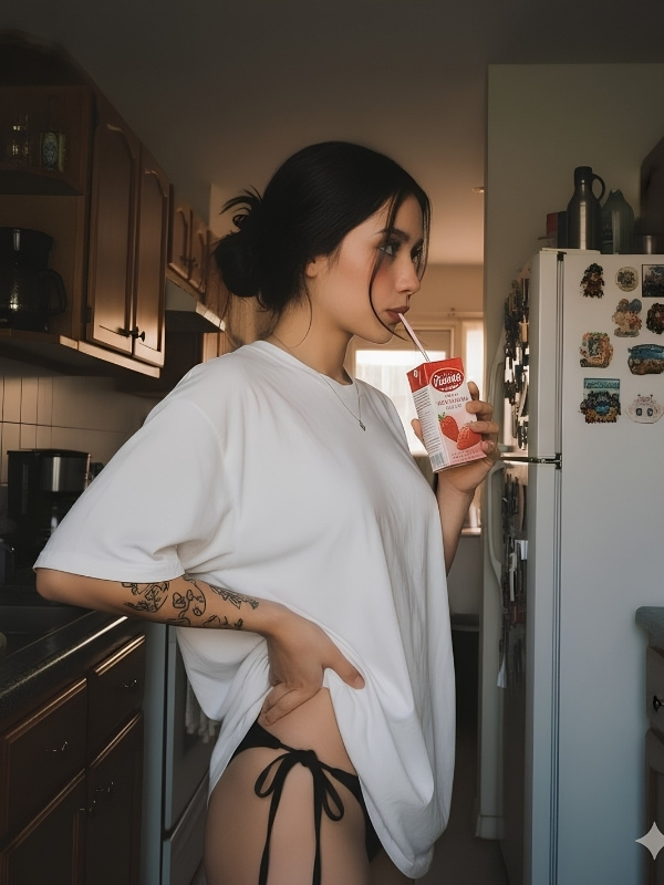gái mặc đồ ngủ mỏng không bra trong bếp